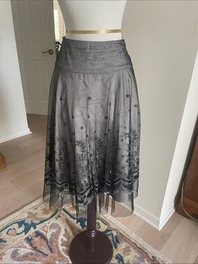 dressbarn Black Embroidered Midi Skirt with Sheer Overlay